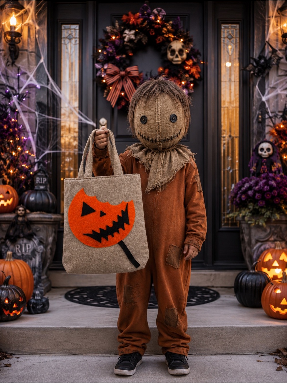 Kids Halloween Sam Treat felt Tote Bag - Orange Felt Jack-O'-Lantern/